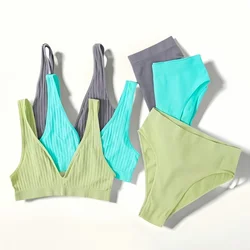 Women Push-Up Bra Panties Set Seamless Underwear Wireless Bra High Rise Panties Female Deep V Bralette Sexy Lingerie Set