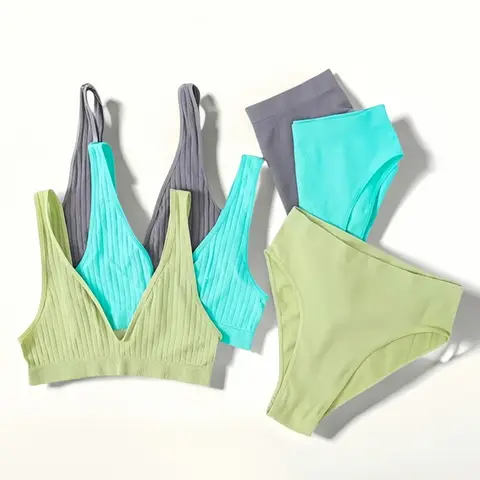 Women Ribbed V-Neck Unpadded Bra High Waist High Cut Briefs Set Wireless Bralette Soft Stretch Panties Sexy Lingerie Set S-L