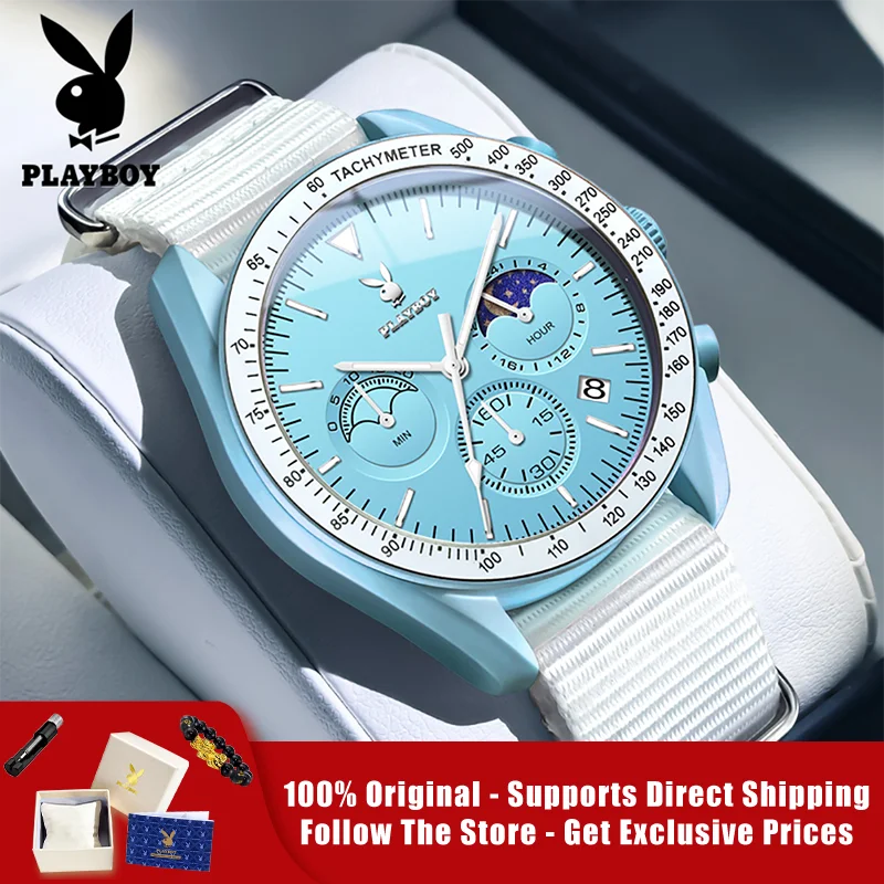 PLAYBOY 3508 Brand Original Authentic Watches for Man Luxury Gift Box Nylon Belt Multifunctional Quartz Men's Watch