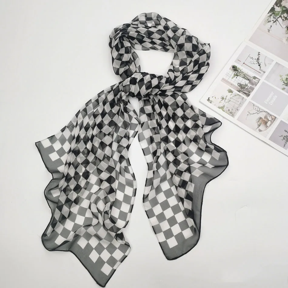 

160*50cm Long Wraps Beach Sunscreen Silky Georgette Hijab Thin Soft Chiffon Women Checkerboard Plaid Printing Scarf Shawls