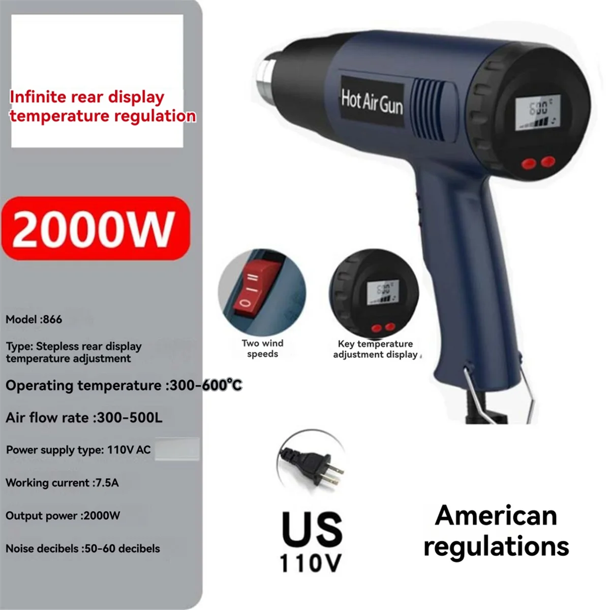 

Y31A Electric Hot Air Digital Display Car Film Heat Air Dryer for Soldering Thermal Blower Shrink Wrapping,US Plug