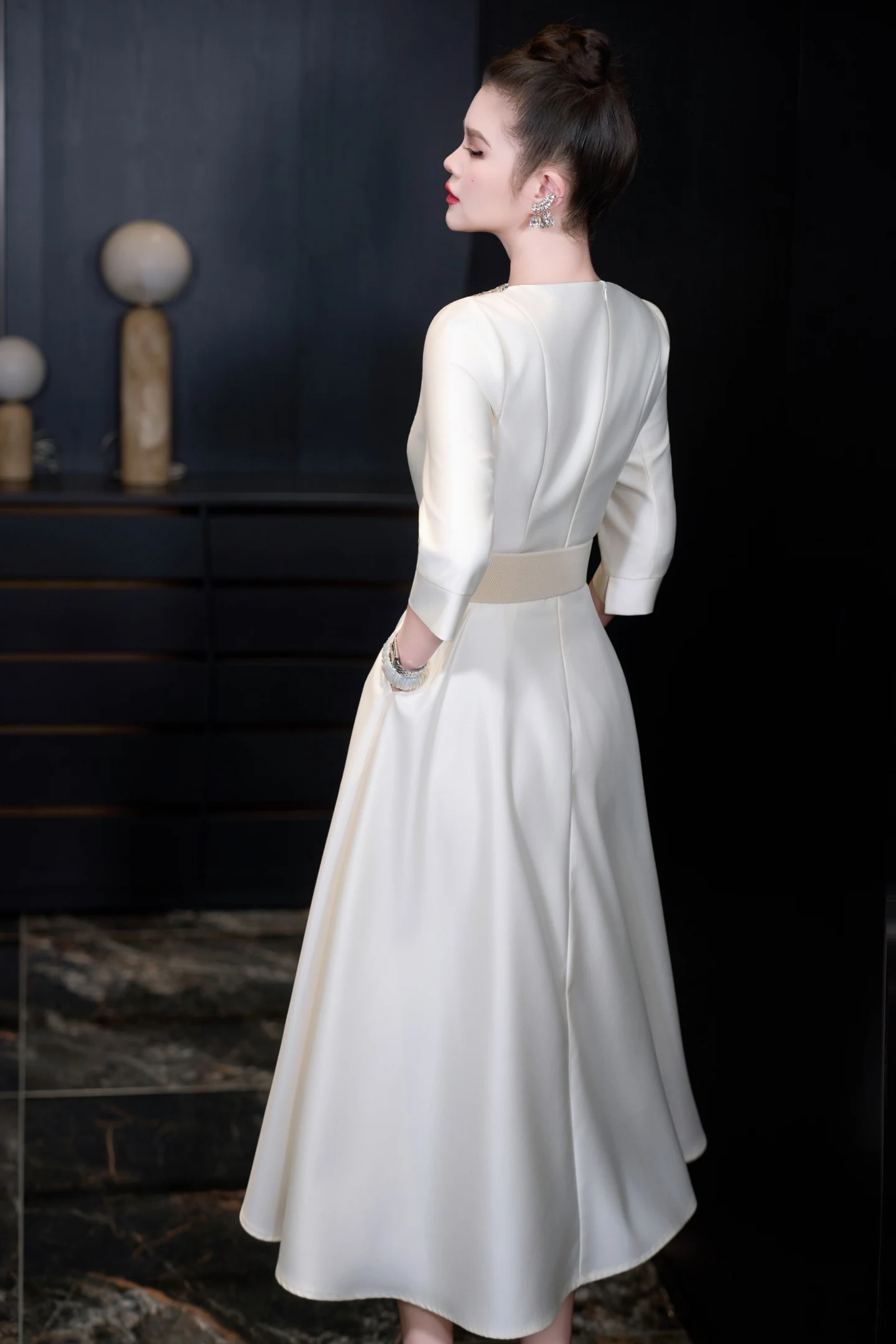 ZJYT 2026 Spring New Fashion Women Beading Dress Elegant Three Quarter Sleeve Solid White Midi Dresses Party Vestidos with Belt