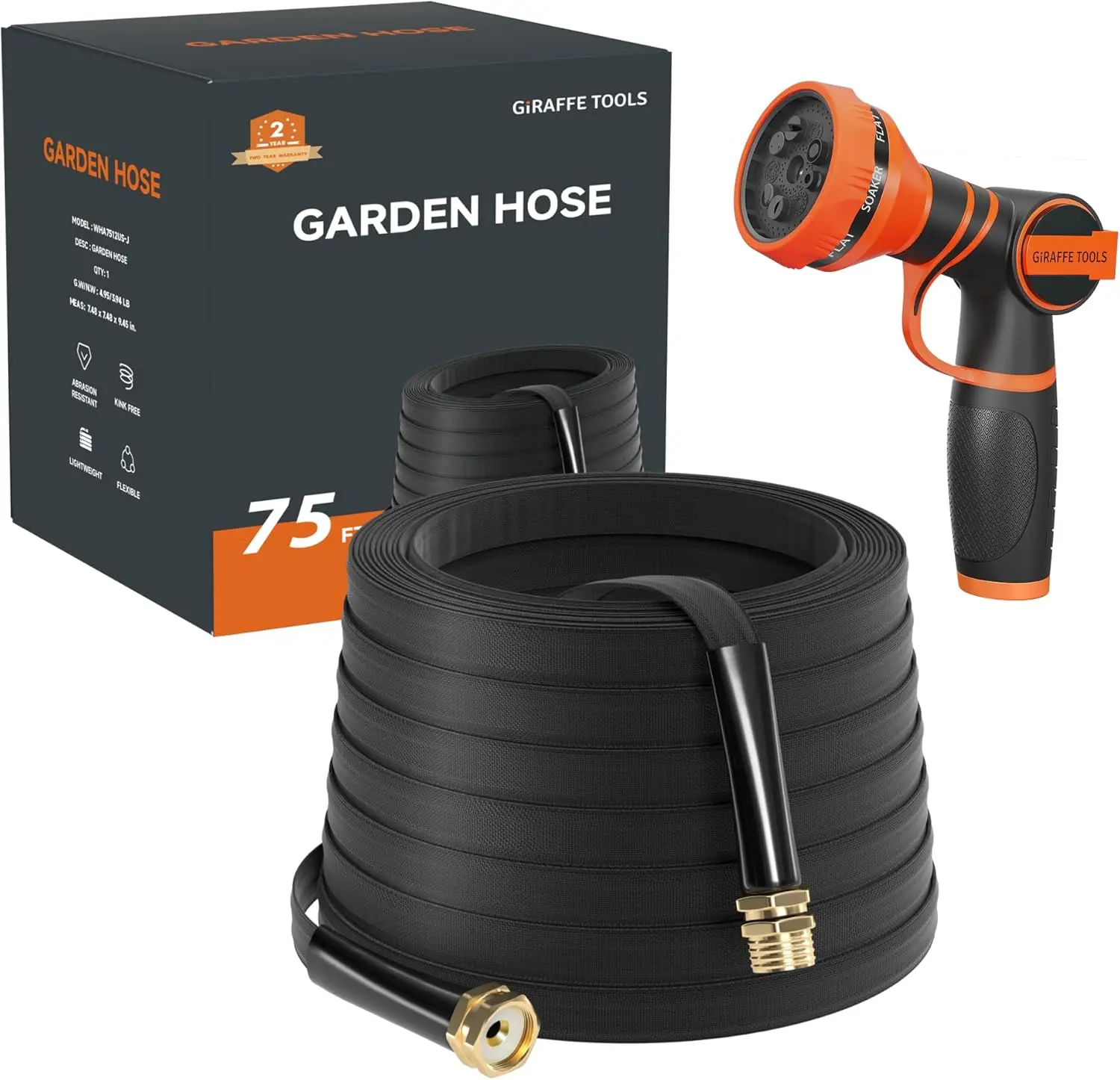 

75FT Lightweight Lay Flat Water Hose with 9 Spray Nozzle, Kink Free Flexible, Black