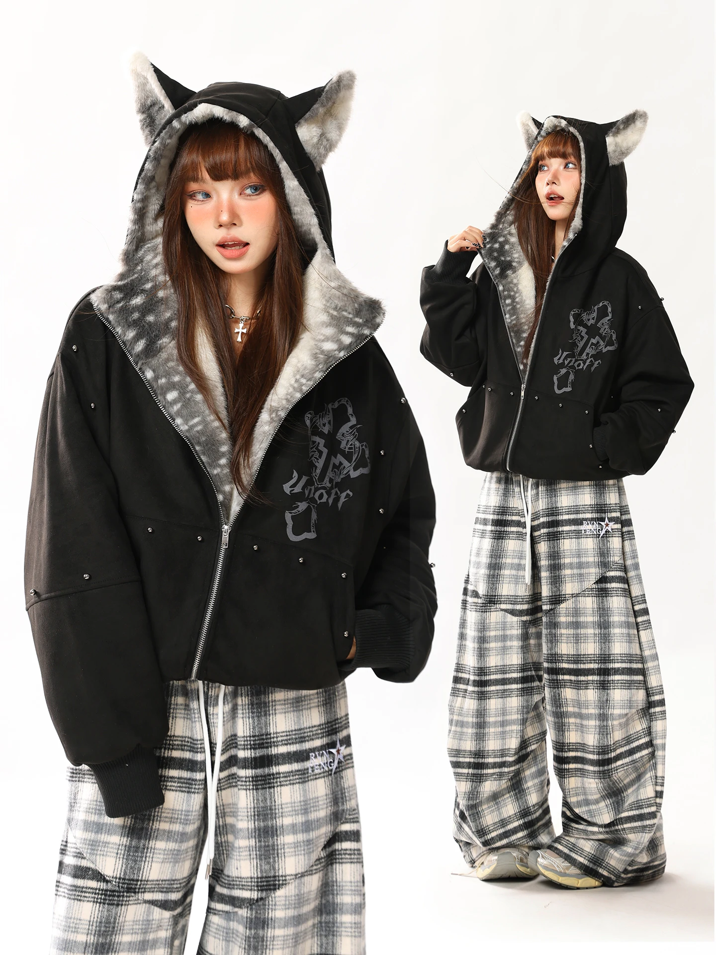 

Women's Loose Street Sle Cotton Jaet with Hat AONW Ear Fluffy Outerwear Winter New Arrival Faionable Rivet Detail