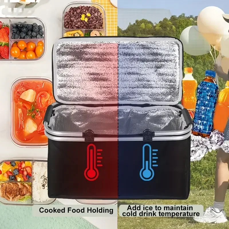 Foldable Picnic Bag Insulated Aluminum Foil Dual Carry Handle Camping Bag Large Capacity Outdoor Picnic Basket for Travelling