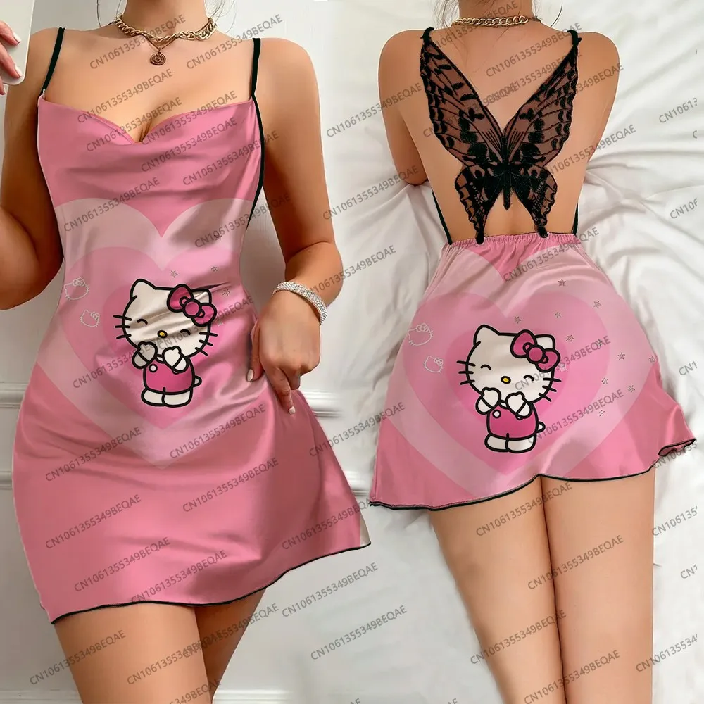 Summer Women's Sexy Backless Butterfly Lace Nightdress Hello Kitty Print Casual Crew Neck Fashion Comfort Suspender Pajamas