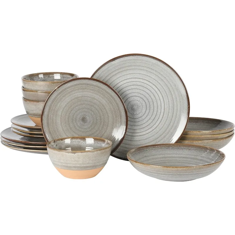 

Dreamweaver Double Bowl Terracotta Reactive Dinnerware Set - Grey, Service for 4 (16pcs)