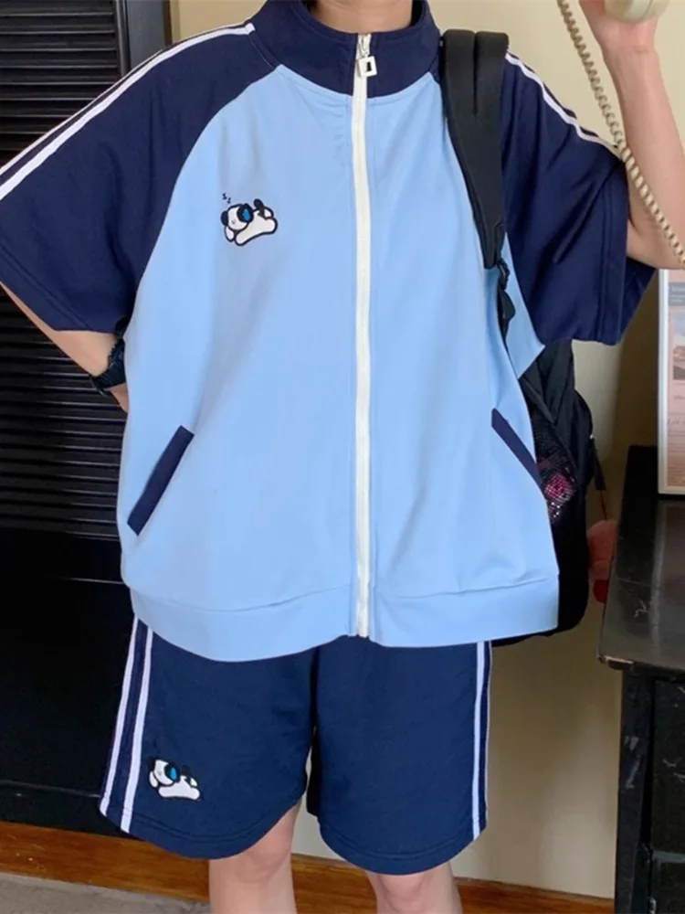 

College Preppy Students Matching Sets Summer Two Piece Outfits Zipper Stand Collar Jackets and Short Sweatpant Blue Harajuku Y2K