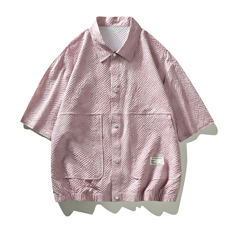 

Men's Pink Textured Waffle Short Sleeve Shirt Oversized Lapel Button Down Casual Summer Top with Dual Patch Pockets