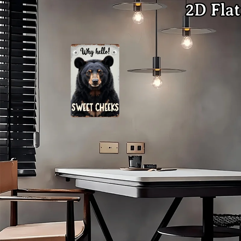 “WhyHello Sweet Cheeks”Black Bear Metal Sign - Wall Decoration，Suitable for Families、Office、Kitchen、Bar