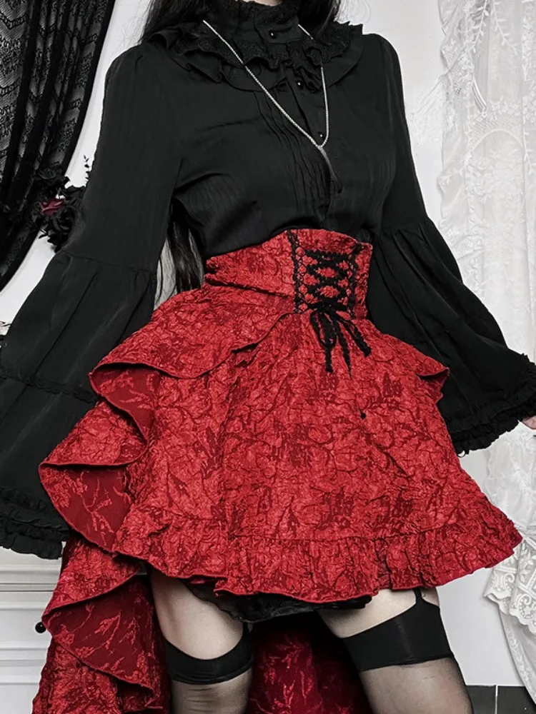 Y2k Aesthetic Streetwear Skirt High Waist Irregular Gothic Print Ball Gown Faldas Bandage Harajuku Ruffled Grunge Women Skirts