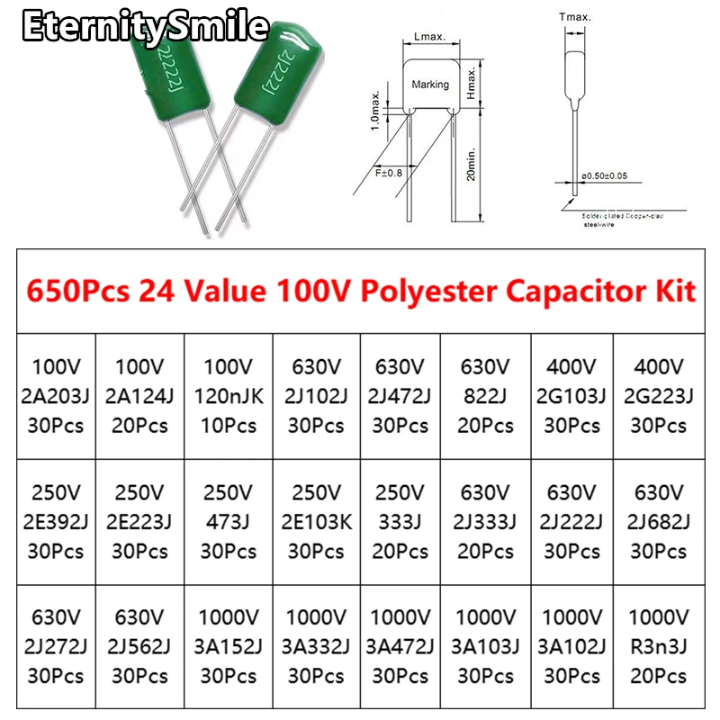 650Pcs/ Box Polyester Film Capacitor Kit 24 Value 100V 250V 400V 630V 1000V 2A203J 2A124J 2J102J 2J472J 2G103J 2E392J 2E223J