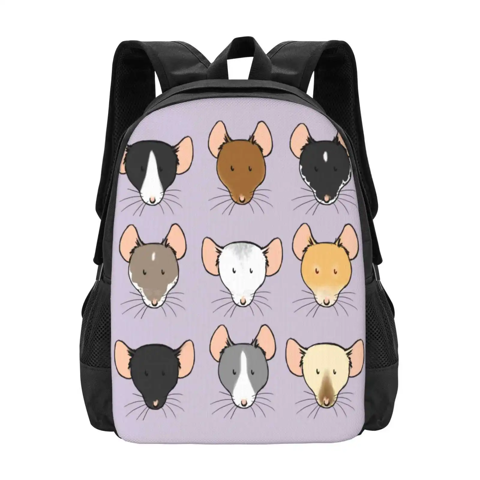 Ratty Faces Pattern Design Bagpack School Bags Fancy Pattern Rodent Cute Faces Black Blaze Fawn Burmese Roan Capped Hooded Mink