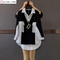 2024 Spring/Summer New Large Women's Loose and Slim Mid Length Contrast Striped Shirts Fashion Shirt Trend