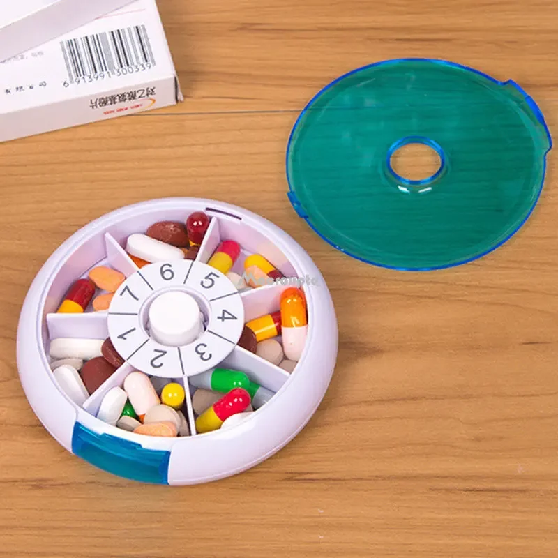 Portable Pill Box Weekly Blue Color Rotating Points Drug Carry with You Mini Medicine Boxs Medicine German Travel Pillbox
