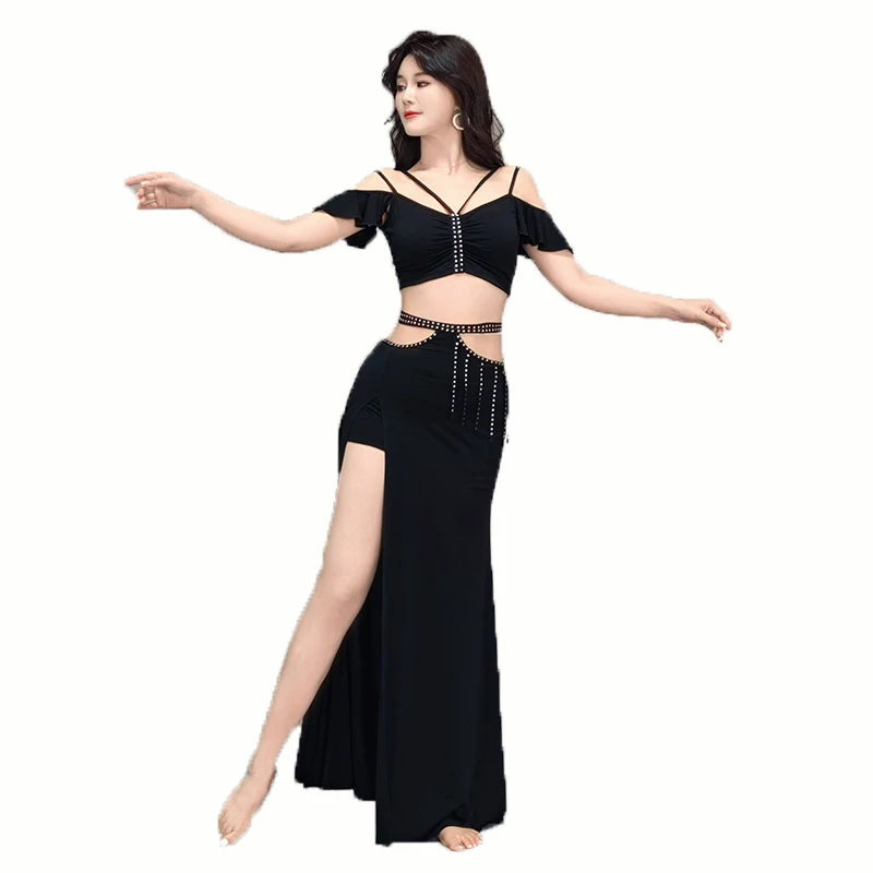 Belly Dance Professional Suit for Women Sexy Hollow Out Short Sleeves Top+Split Long Skirt 2pcs Girl's Oriental Dancing Outfit