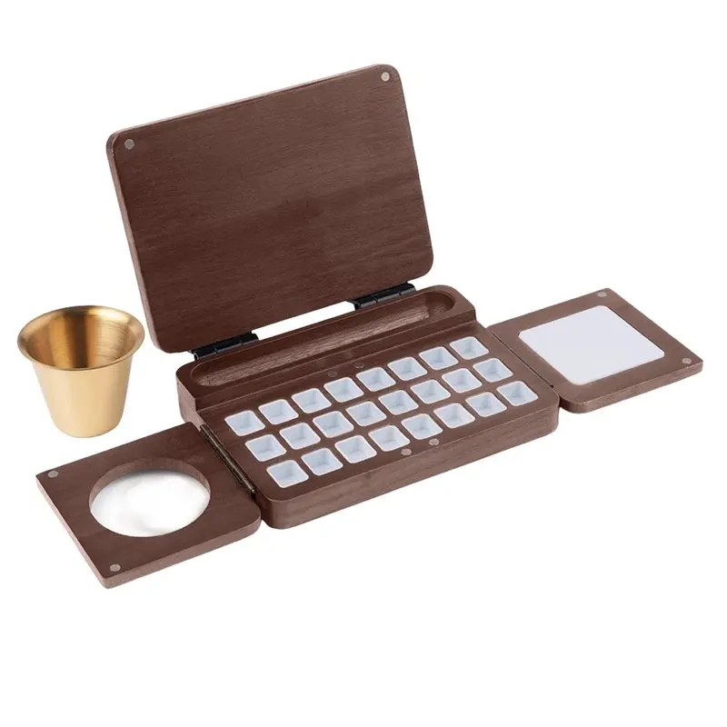 

BYBS-Portable 24 Grids Travel Watercolor Palette Foldable, Walnut Wood For Plein Air Painting Box