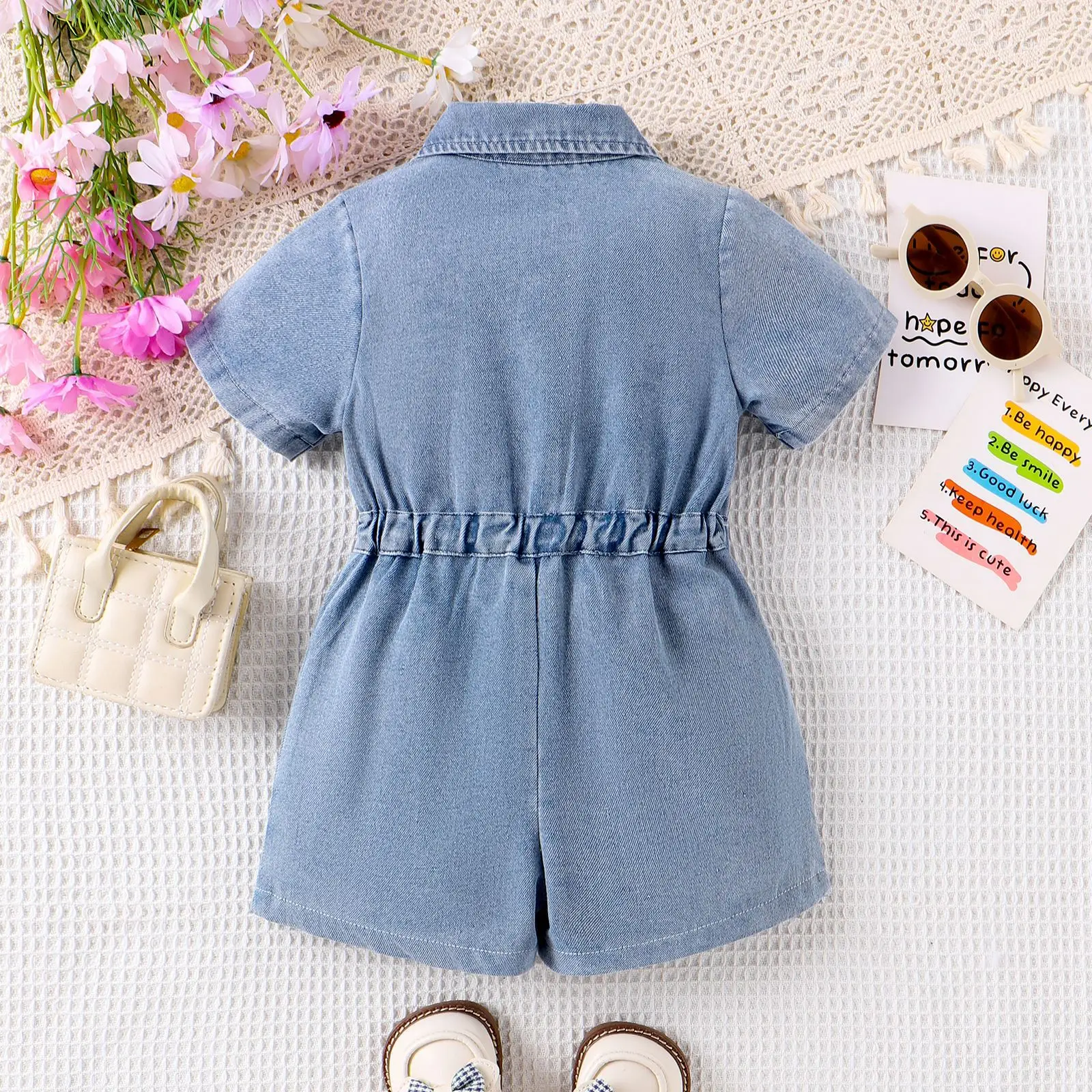 Europe  United States  summer  girls set of small children lapel holes waisted denim jumpsuit shorts clothes clothes tops