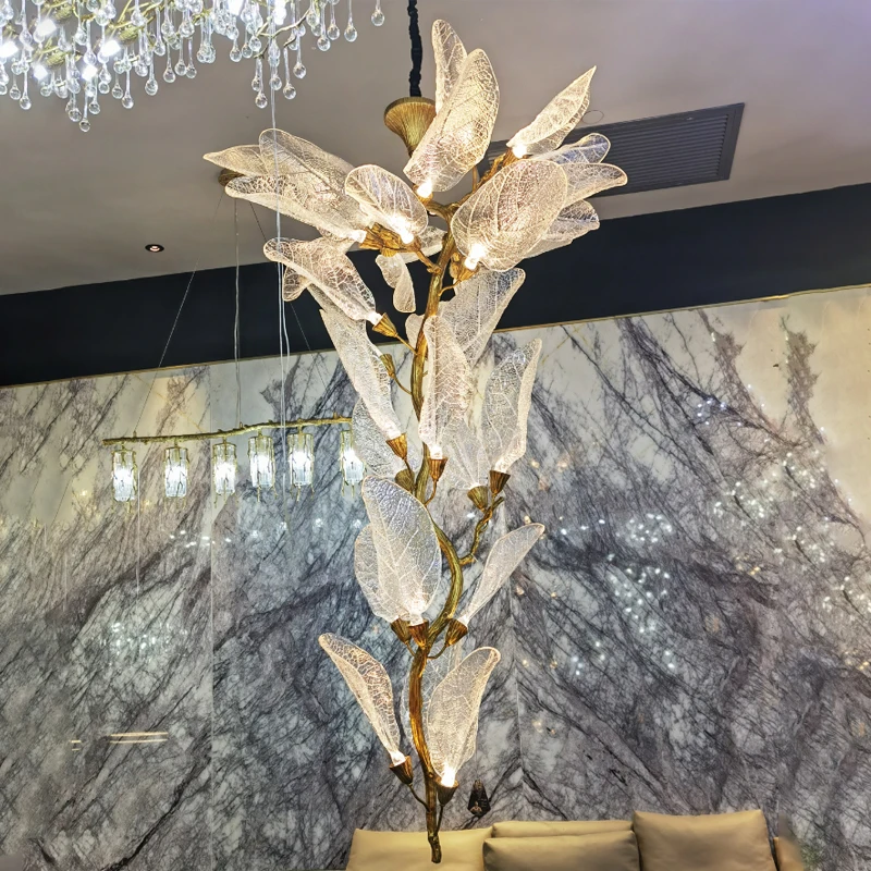 

Contemporary Design Indoor Decoration Hotel Villa Staircase Mall Modern Copper Luxury Crystal Leaf Branch Led Chandelier