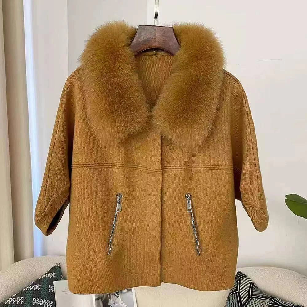 Jxwatcher Real Fox Fur Collar Knitted Sweater for Women 2025 Autumn Thick Warm Short Sleeve Jacket Ladies Fashion Outerwear New - view 5