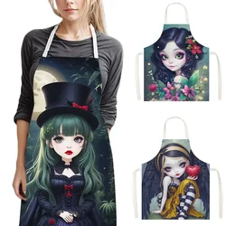 Cartoon Gothic Girls Print Kitchen Aprons Fantasy Angel Home Cleaning Clothing Linen Pinafore Waterproof Chef Cooking Apron