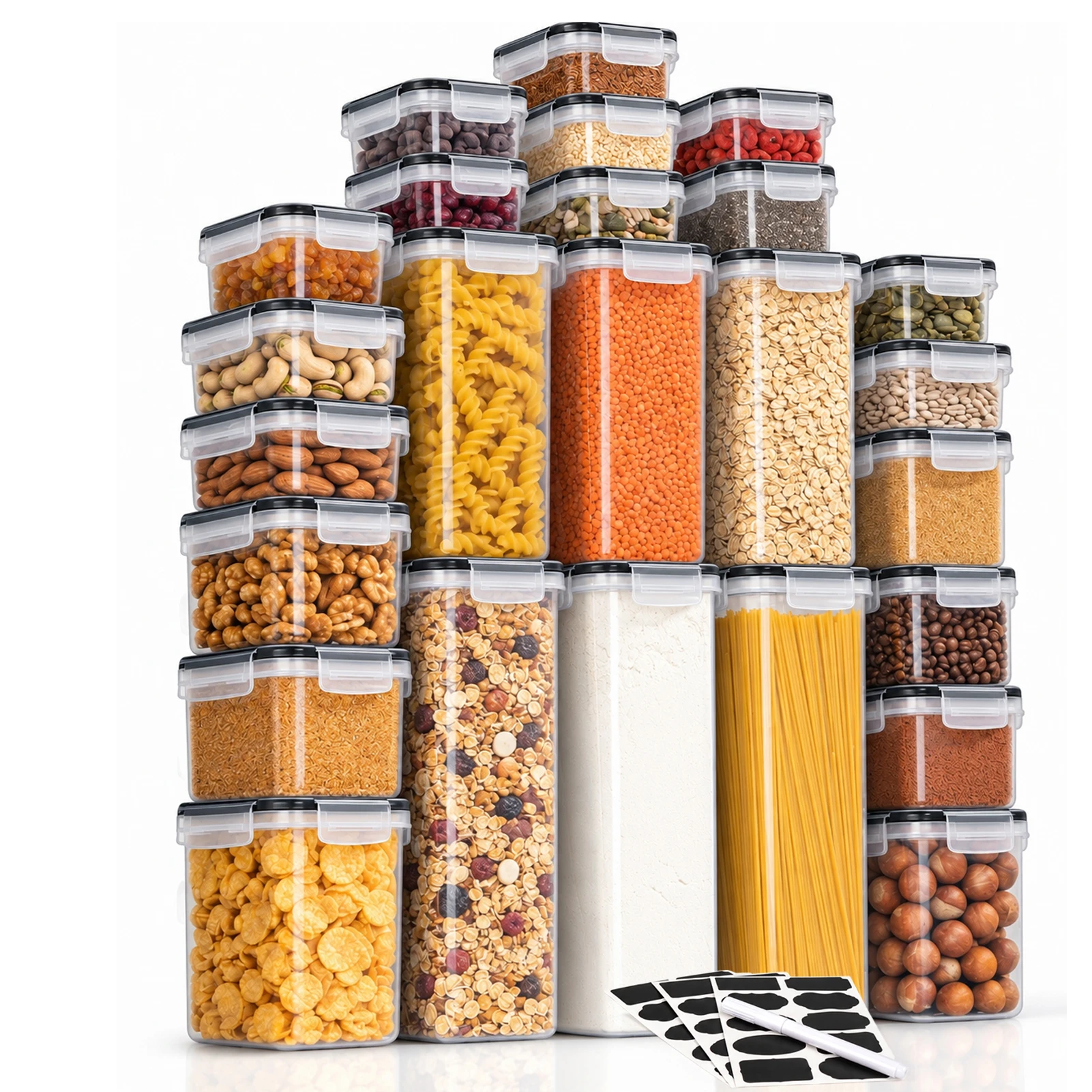 Set di 24 Barattoli per Conservazione in 7 Dimensioni, da 0,24 a 2,8 L – Contenitori per Conservare Spaghetti, Farina, Zucchero, Muesli e Riso, Scatole per Cucina e Dispensa, con 30 Etichette e 1