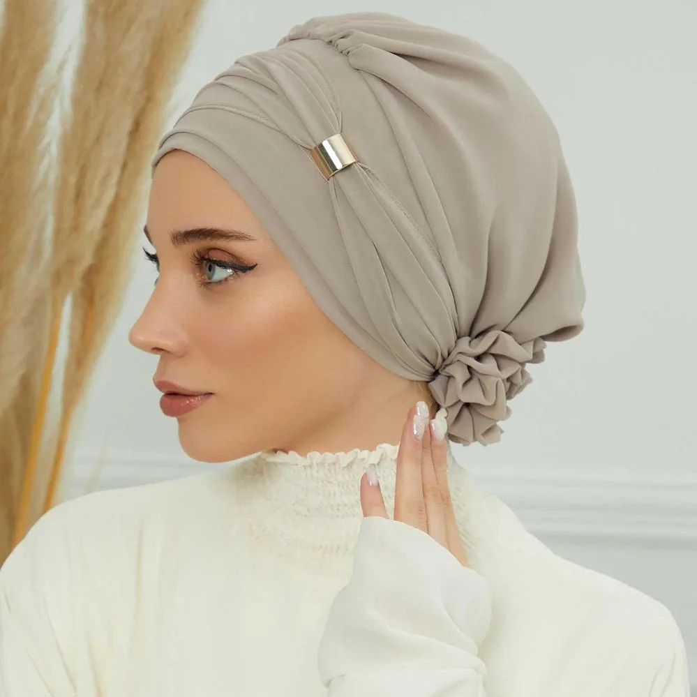 Pianura musulmano istantaneo Turbante cappello interno hijab berretti donne islamico Bandana cofano India cappelli femminile copricapo Turbante Mujer fiore