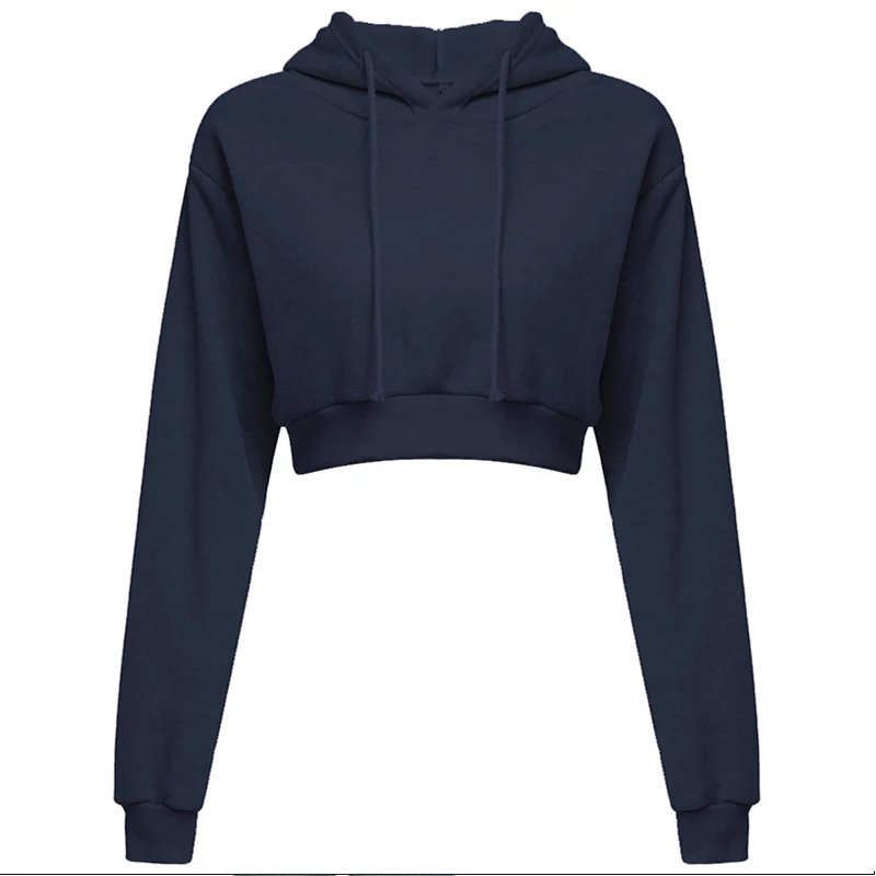 Sporty pullover Long sleeve casual open navel solid hooded Sweatshirt short top Hoodie sweater