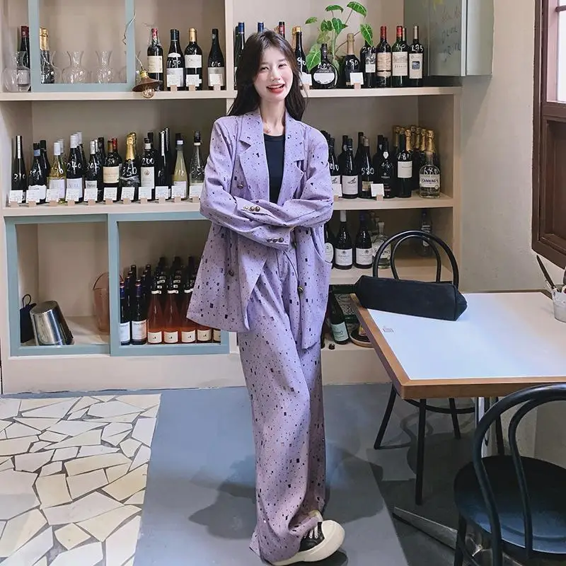 EAEOVNI Lila 2025, Herbst Neue Zwei Stück Set Frauen Mode Kontrast Farbe Design Blazer Mantel + Breite Bein Lange Hosen kleidung