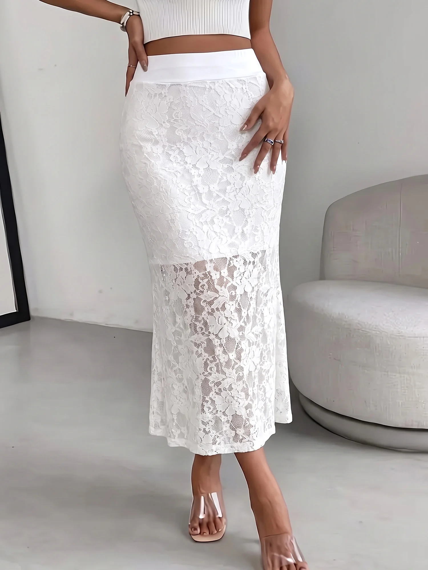 Women Elegant High Waist Lace Mermaid Skirt Semi Transparent Fishtail Hem Midi Skirt