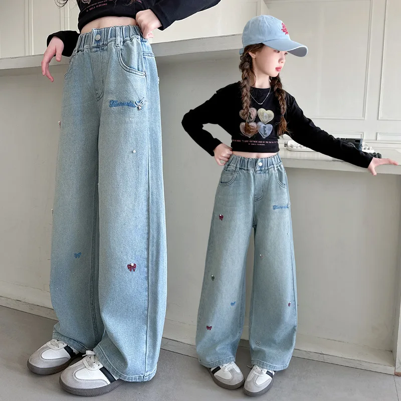 

Fashion Casual School Teenage Children Trousers 4-15Y Wide Leg Jeans for Girls 2025 Autumn Pants for Kids Bow Embroidery Design