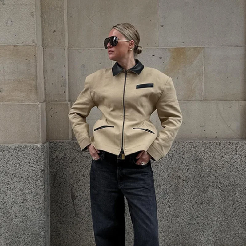Leather Lapel Collar Double-head Zipper Short Jacket Casual High Street Style Coat 2025 Autumn Fashion Women's Clothing - view 2