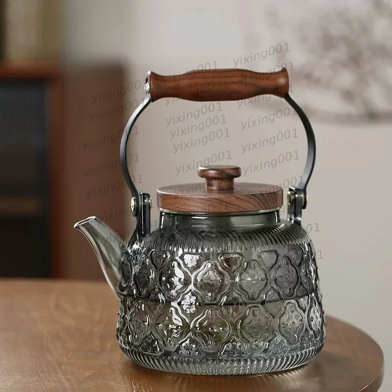 Hammered Borosilicate Glass Teapot with Air Vent Integrated Steaming Boiling Overhead Handle Teapot for Home Tea Making