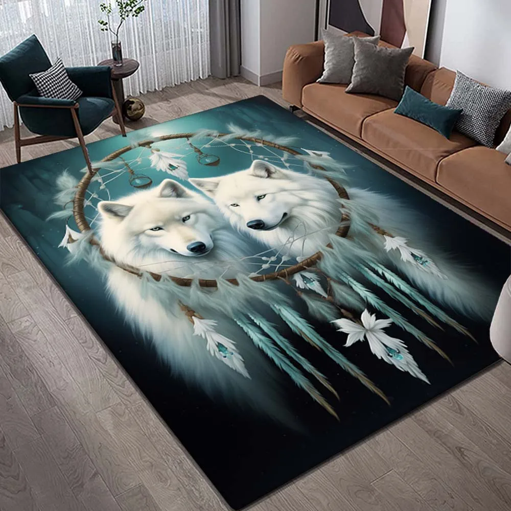 Spiritual Wolf & Feather Dreamcatcher Flannel Rug Anti-slip Soft Floor Mat Area Carpet for Living Room Bedroom Home Decoration