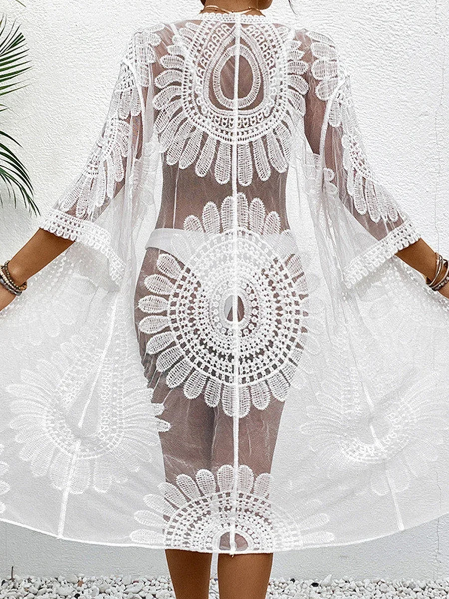 Vestido de playa tipo kimono de playa de encaje transparente con bordado floral para mujer