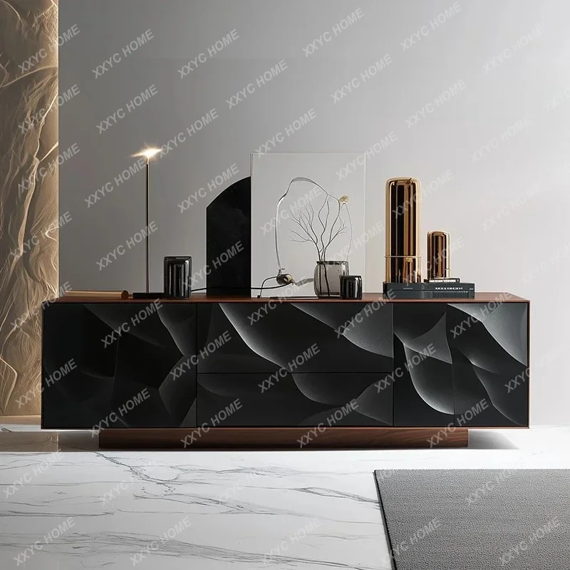 XX X High-end Solid Wood Dining Side Cabinet Art Relief Locker Wabi Sandy Wind Walnut Porch Cabinet Black