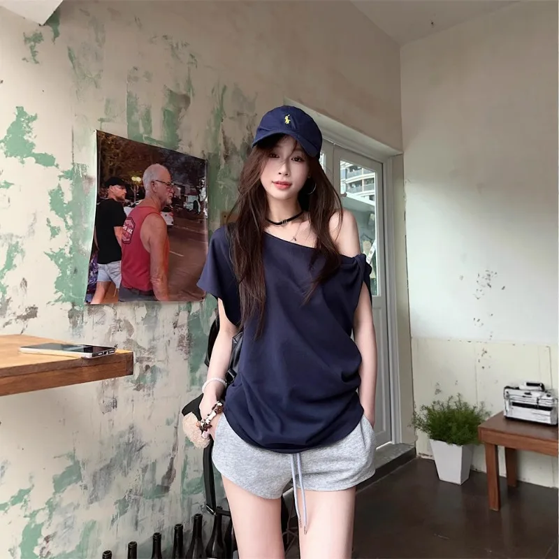 Student Summer Loose Off-Shoulder Short Sleeve T-Shirt Woman Girl Solid Top Ladies Casual T-Shirt Lady Street Dance Sweatshirt