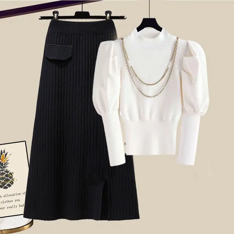 Oversized Women's Autumn and Winter Set 2023 New Korean Fashion Shirt Waistband Slim Knitted Half Skirt Two Piece Set