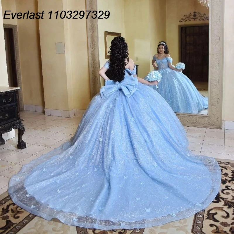 فستان Quinceanera أزرق مخصص من EVLAST مزين بفيونكة مكشوفة الأكتاف ومشد فيونكة حلوة 15 فيستدو دي 15 أنوس TQD567