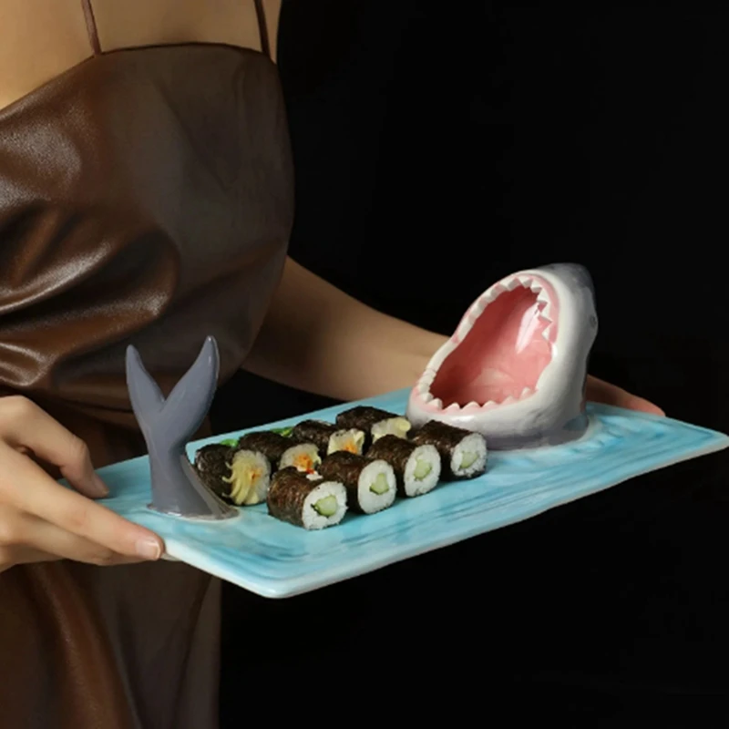 Shark Shape Ceramic Sushi Plate, Rectangular Dining Table Cheese Board For Kitchen Aesthetics