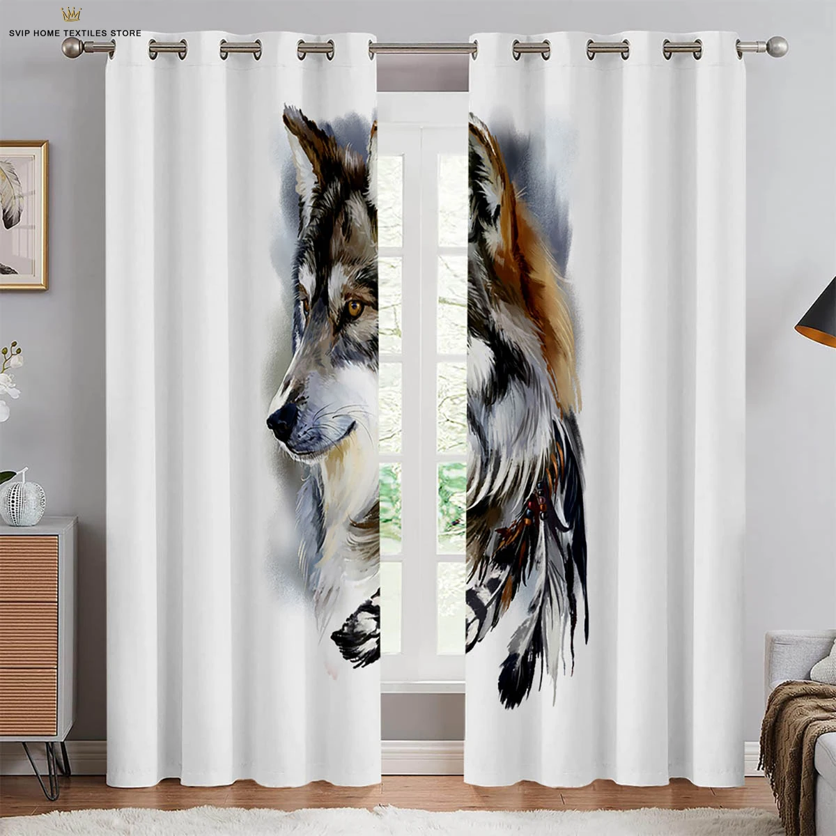 

Animal Wolf 3D Printing Curtains, Polyester Fiber, Custom Curtains, Kitchen, Living Room, Bedroom, Window Decoration, 2 Pcs
