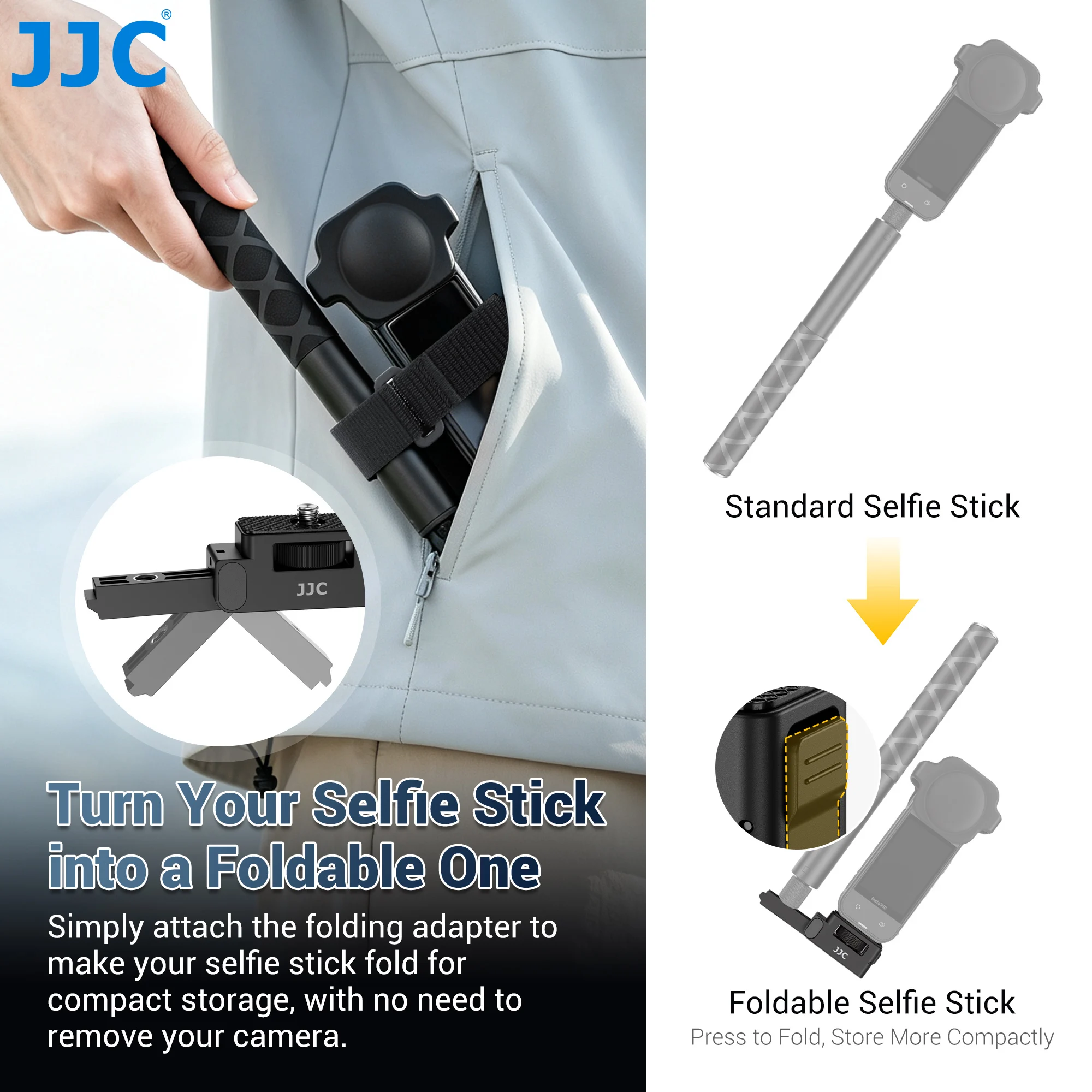 JJC Selfie Stick Folding Conversion Adapter Compatible with Insta360 X6 X5 X4 X4 Air X3 DJI Osmo 360 Action Camera