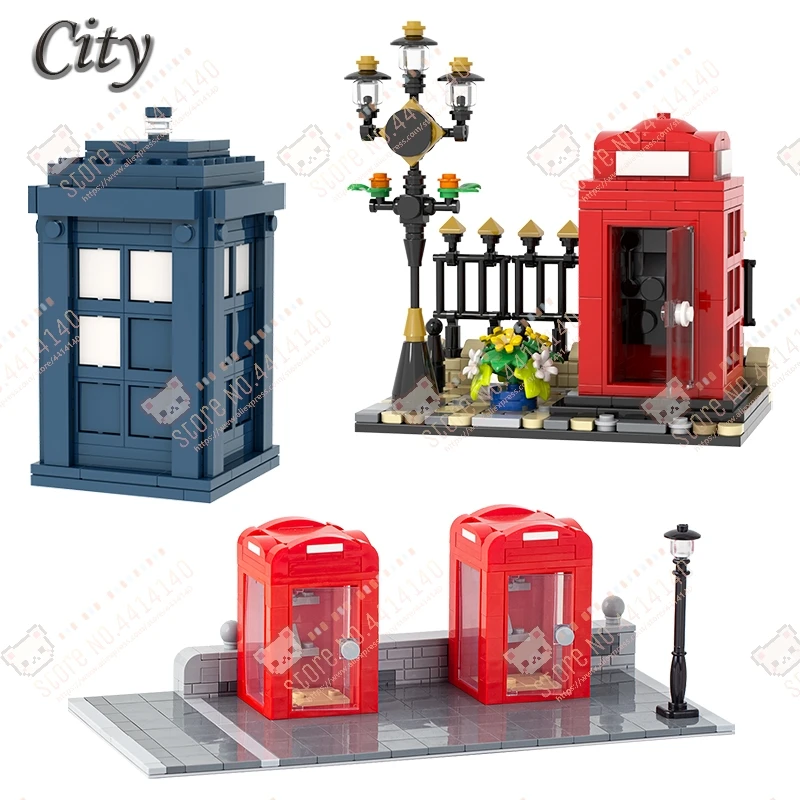 City Series Public Facilities MOC Building Blocks DIY Street Corner Red Telephone Booth Sci-Fi TARDIS Model Bricks Toys For Kids