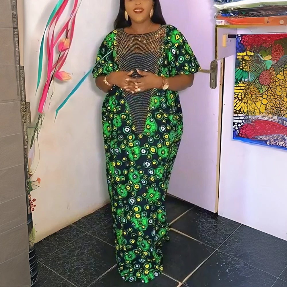 

Elegant African Dresses Green Printed O Neck Diamond Short Sleeve Straight Floor Length Luxury Ladies Birthday Party Dinner Robe