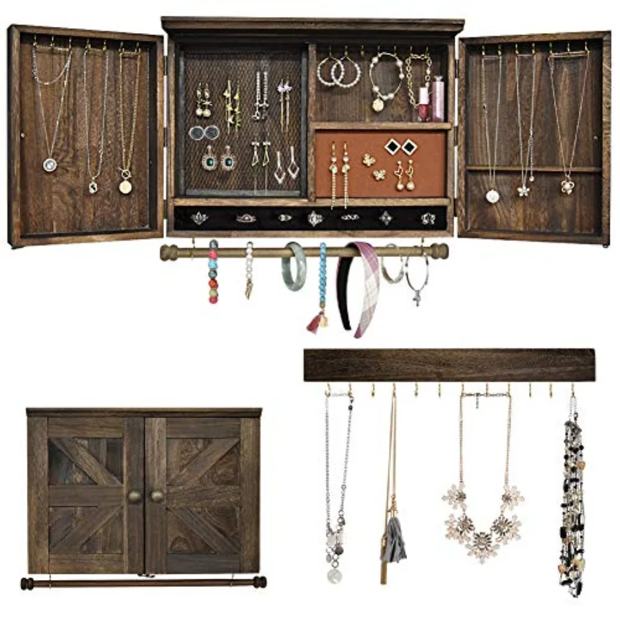 Wall Mounted Jewelry Organizer with Wooden Barndoor DecorWooden Wall Mount Holder Jewelry holder for Necklaces Earings Bracelet