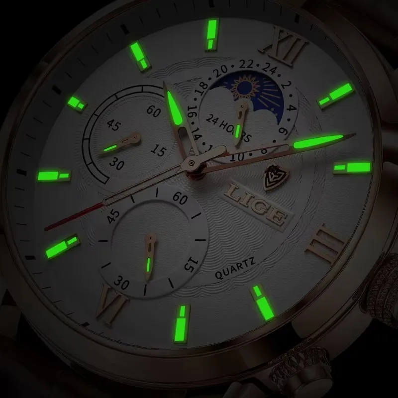 LIGE Jam Tangan Pria Jam Tangan Bisnis Kasual Jam Tangan Chronograph Bercahaya Tanggal Tahan Air Mewah Pria Jam Kuarsa Jam Kulit
