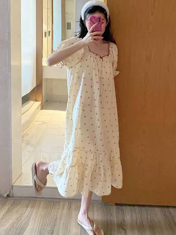 Cherry Nightgown Sleepwear Women Korean Summer One Piece Pajamas Dress Ruffle Short Sleeve Cute Night Sleeping Bow Home Wear New