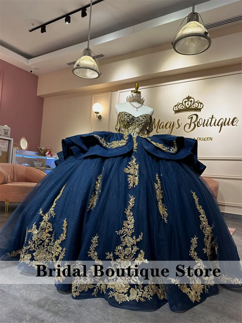 Robes De Quinceanera brillantes bleu marine, dentelle appliquée, perles, cristaux, nœud, fête d'anniversaire, douce 16, personnalisées