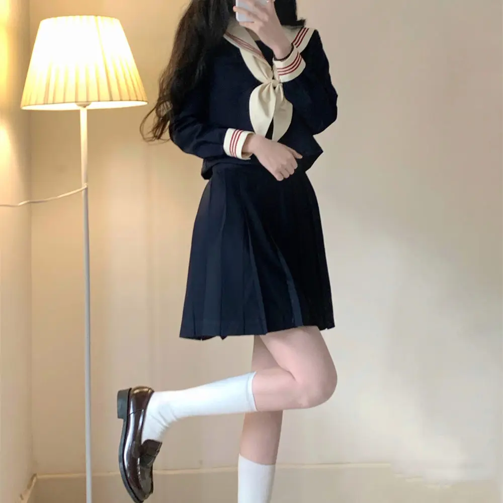 Zoete Japanse JK Leeftijdsverlagende College Marine Kraag Lange Mouw Los Shirt Lente Herfst Meisjes Mode Losse Geplooide Rok Sets