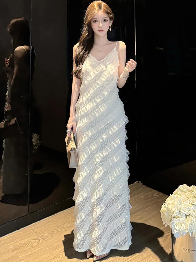 2025 renda branca jacquard chique babados vestido de noite de luxo feminino elegante estilingue sexy vestido longo verão coreano bodycon vestido de festa